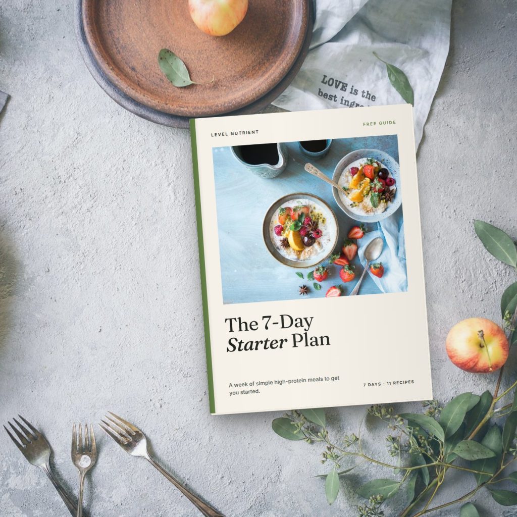 Printed Level Nutrient free 7 day starter meal plan booklet on a kitchen table