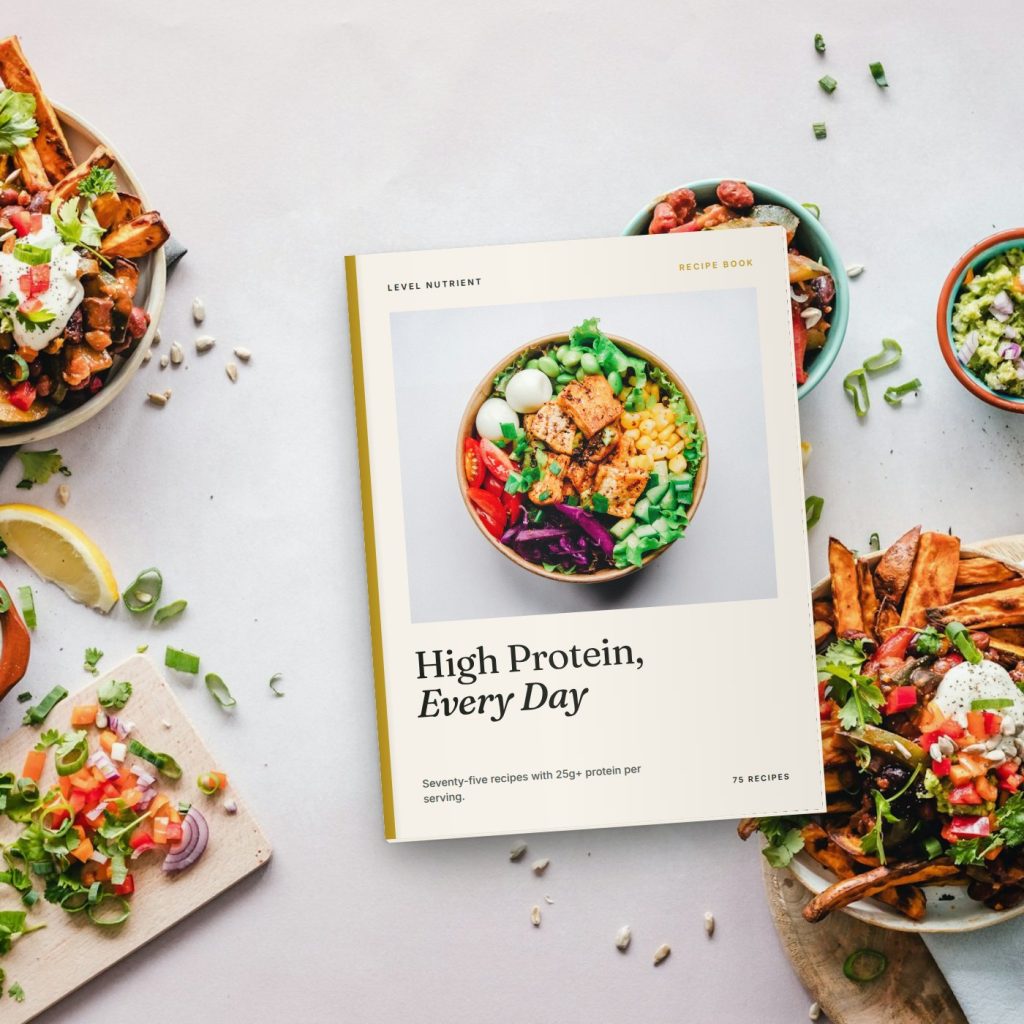 Printed Level Nutrient high protein recipe book booklet on a kitchen table