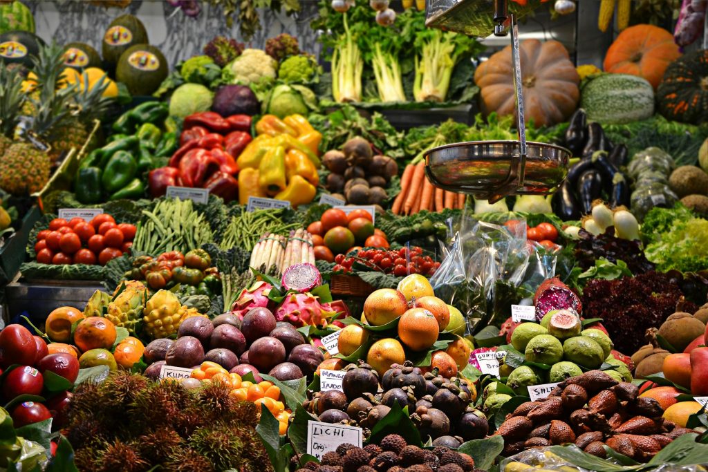 Fresh vegetables and fruit at a market stall