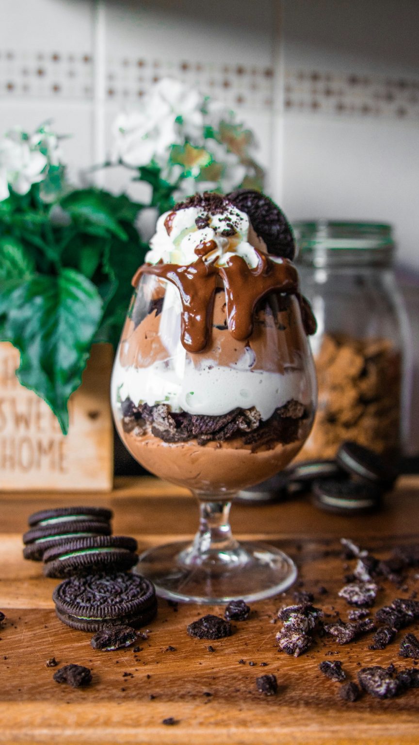 Layered chocolate dessert served in a glass