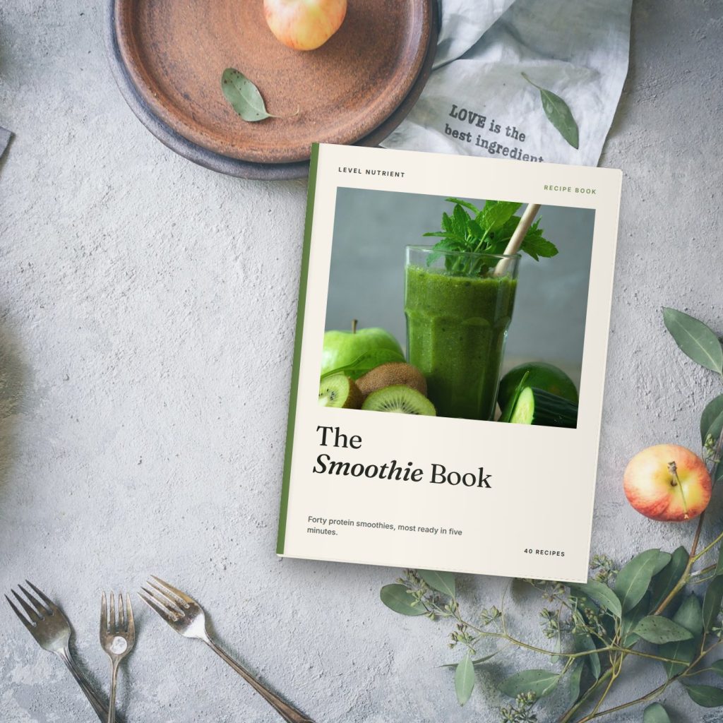Printed Level Nutrient smoothie recipe book booklet on a kitchen table